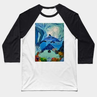 Dolphin underwater with sun breaking through the water Baseball T-Shirt